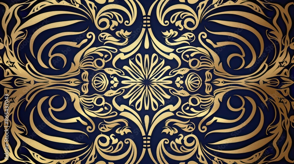 Ornate gold and blue symmetrical pattern with floral and swirl motifs. Ornate gold and blue symmetrical pattern with floral and swirl motifs.