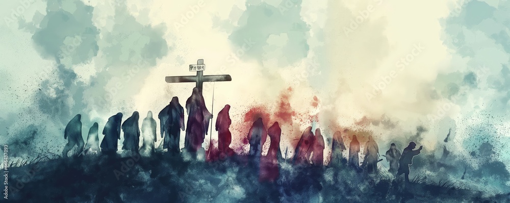 Digital Watercolor of the Solemn Moment Jesus Takes Up His Cross, Capturing the Poignant Beginning of His Journey. Digital Watercolor of the Solemn Moment Jesus Takes Up His Cross, Capturing the Poignant Beginning of His Journey.