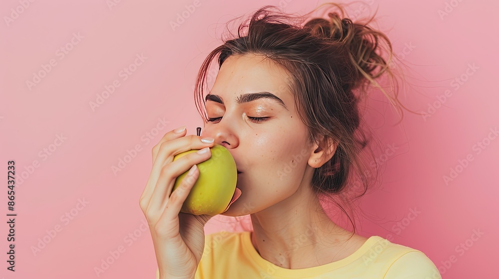 Young Iwoman isolated on pink background eating an apple Young Iwoman isolated on pink background eating an apple