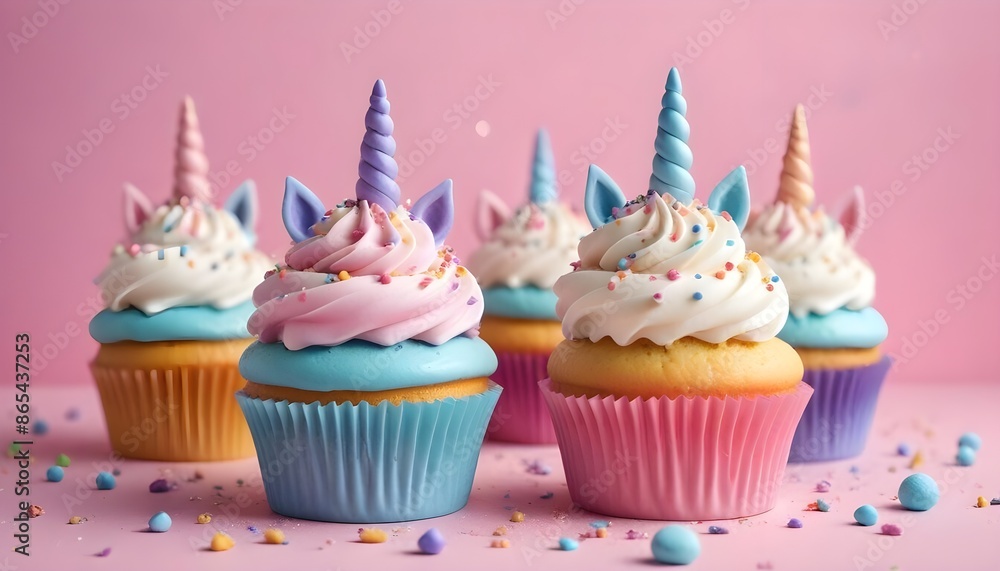 Delightful unicorn-themed cupcakes featuring fluffy dollops of whipped cream, a vibrant mix of sprinkles, and intricately designed unicorn horn accents surrounded by a soft pink sky with wispy clouds Delightful unicorn-themed cupcakes featuring fluffy dollops of whipped cream, a vibrant mix of sprinkles, and intricately designed unicorn horn accents surrounded by a soft pink sky with wispy clouds