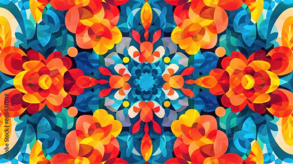 Vibrant abstract kaleidoscope pattern with colorful flower shapes. Vibrant abstract kaleidoscope pattern with colorful flower shapes.