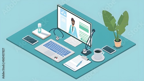 A computer monitor is on a desk with a laptop, a cell phone, a cup of coffee, and a potted plant. The scene is set up for a doctor to be able to communicate with a patient via video call
