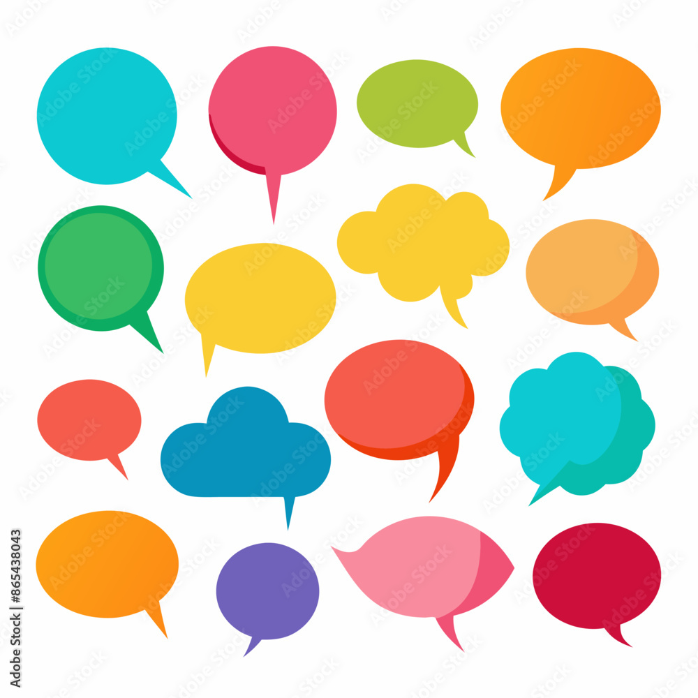 There are many colorful speech bubbles set against a white background There are many colorful speech bubbles set against a white background