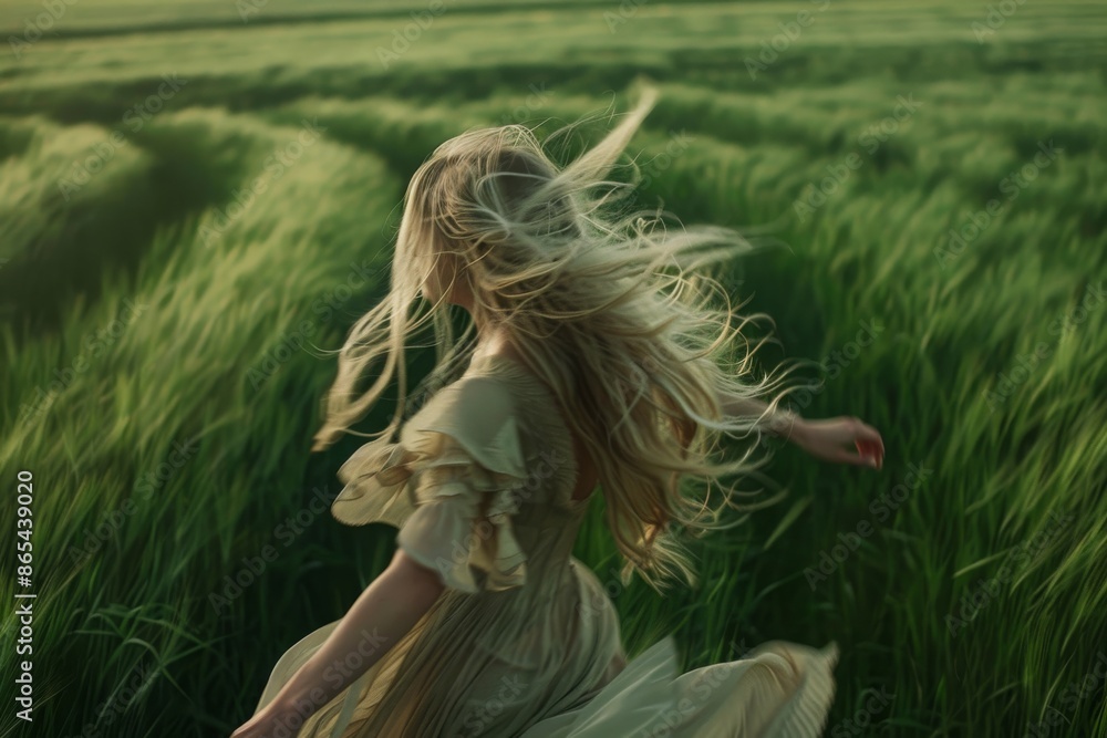 Obraz premium Woman Running Through Lush Green Field at Sunset