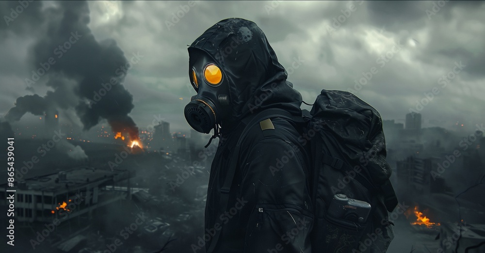 a man in a gas mask standing in front of a city skyline with smoke pouring out of the buildings a man in a gas mask standing in front of a city skyline with smoke pouring out of the buildings