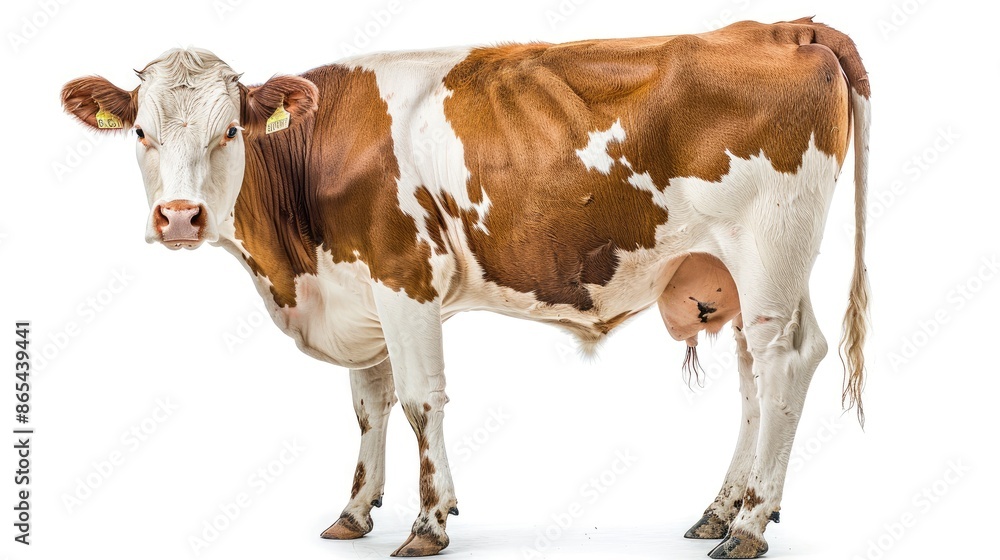 Serene white-brown cow isolated on a white background, capturing the peaceful essence of pastoral scenes and rural tranquility Serene white-brown cow isolated on a white background, capturing the peaceful essence of pastoral scenes and rural tranquility