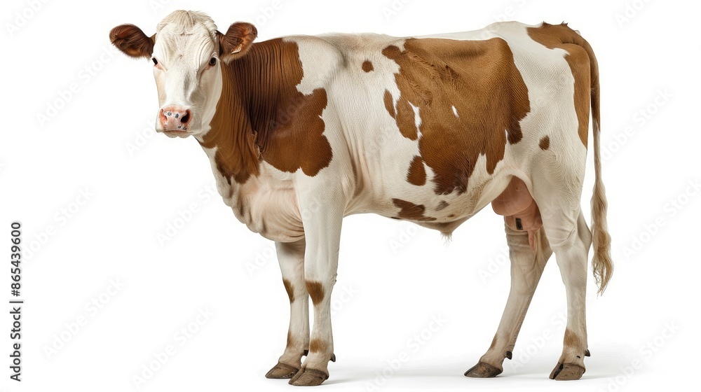 Serene white-brown cow standing alone against a white background, embodying the peaceful essence of pastoral landscapes Serene white-brown cow standing alone against a white background, embodying the peaceful essence of pastoral landscapes