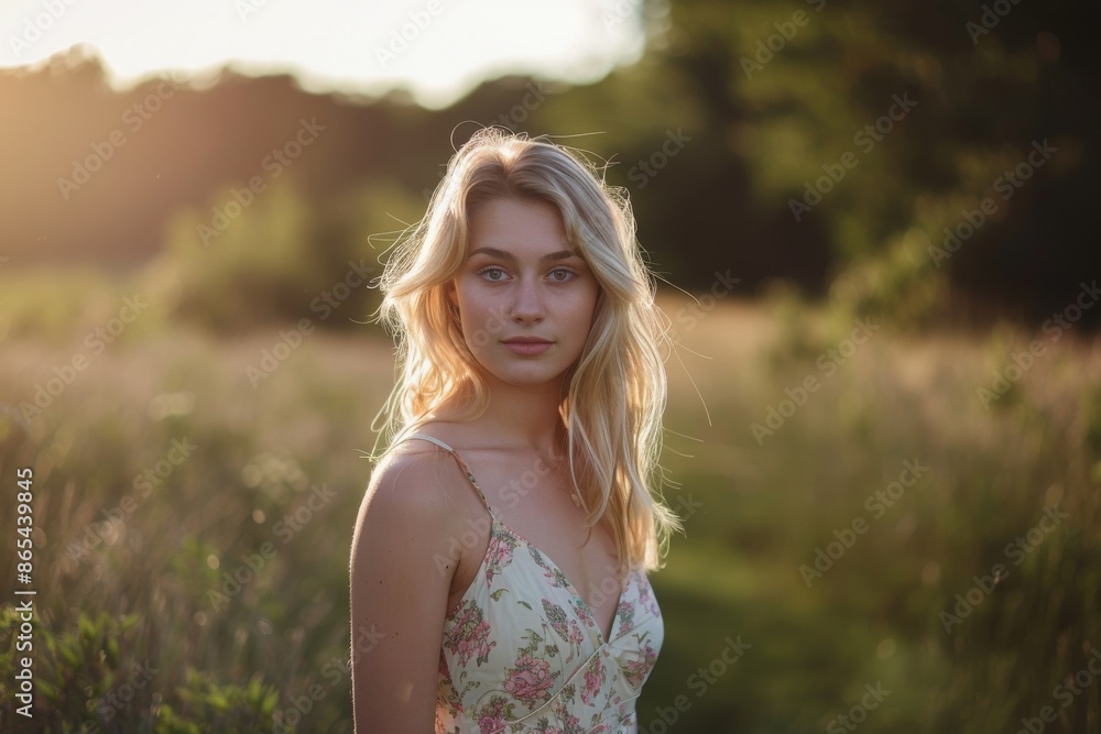 Obraz premium Young Woman In A Floral Dress Posing In A Field At Sunset
