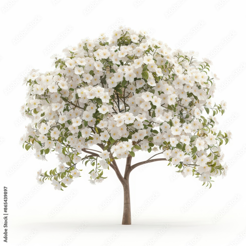 A hawthorn tree with its white blossoms and thorny branches, isolated on a white background A hawthorn tree with its white blossoms and thorny branches, isolated on a white background