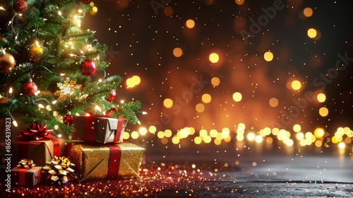 Holidays background with illuminated Christmas tree, gifts and decoration © Drap