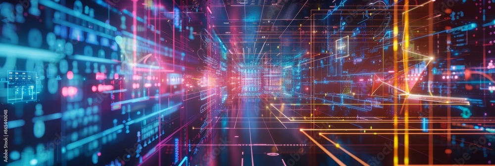 Internet of Things IoT Augmented Reality, an abstract geometric background with holographic effects and neon patterns, illustrating smart connectivity Internet of Things IoT Augmented Reality, an abstract geometric background with holographic effects and neon patterns, illustrating smart connectivity