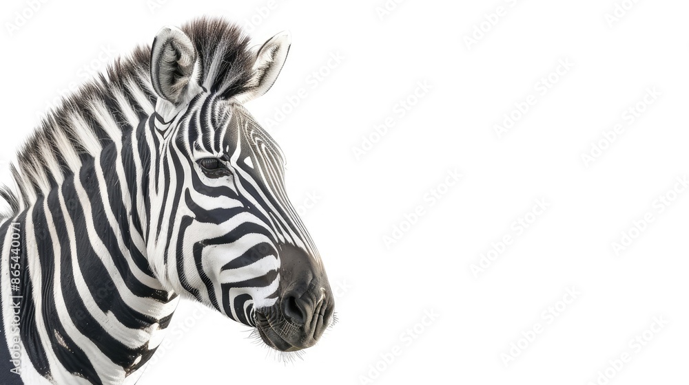 Striking zebra isolated against a pristine white backdrop, showcasing its iconic black and white stripes in stunning detail Striking zebra isolated against a pristine white backdrop, showcasing its iconic black and white stripes in stunning detail