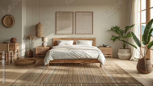 Scandinavian Style Bedroom with Natural Wood Decor and Large Windows.