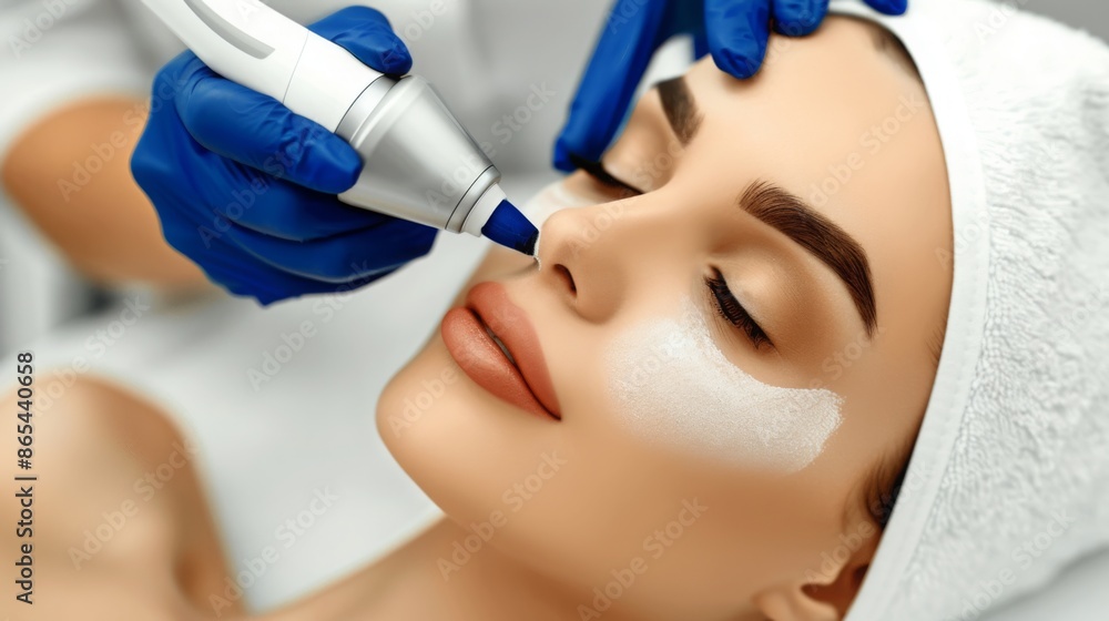 A woman lies on a treatment table while receiving a facial treatment with a device. Her eyes are closed and her face is covered in a white cream. A woman lies on a treatment table while receiving a facial treatment with a device. Her eyes are closed and her face is covered in a white cream.
