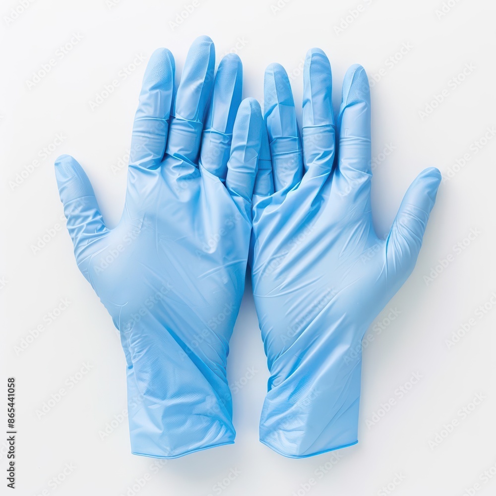 Obraz premium A pair of blue latex gloves ready for use, set against a clean white backdrop