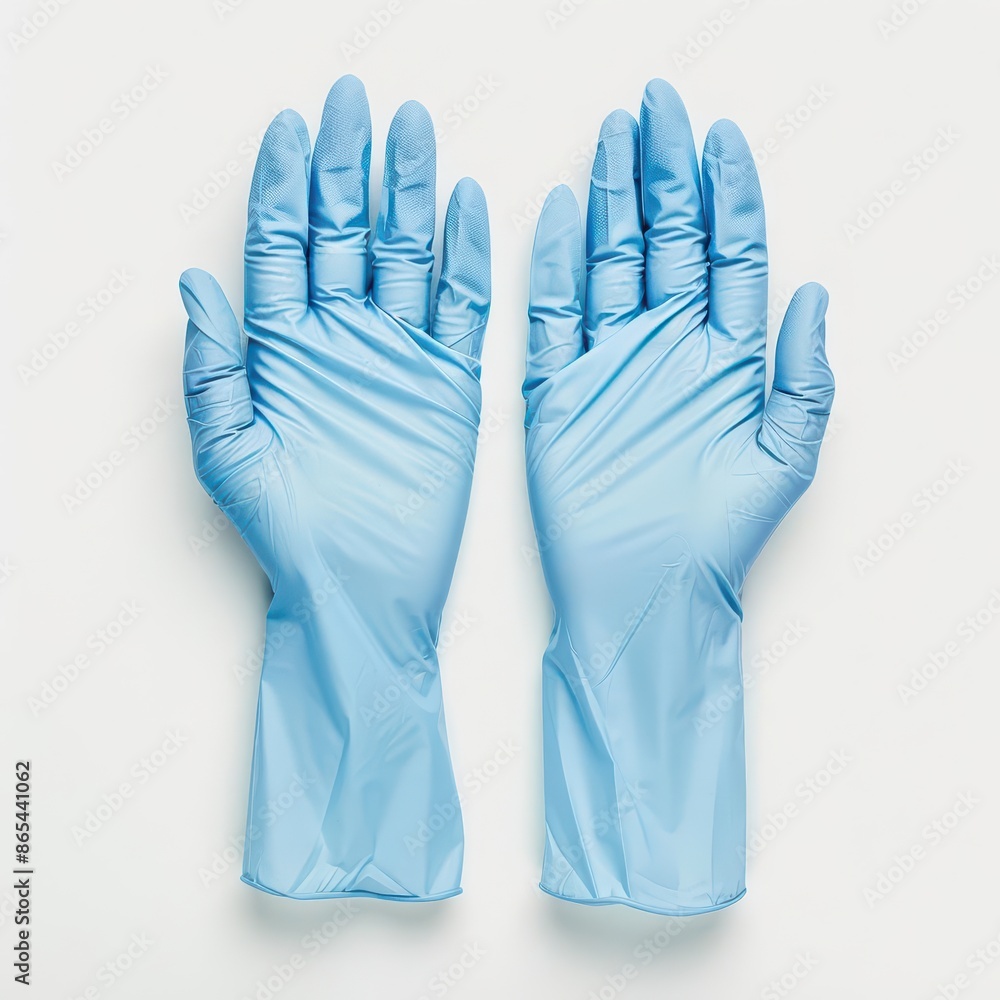 Obraz premium A pair of blue latex gloves ready for use, set against a clean white backdrop