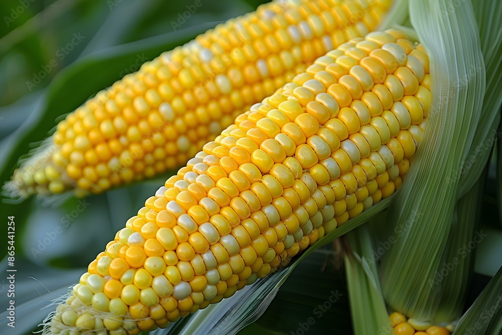 Close-Up of Fresh Ripe Corn Ears on Green Stalks for Agricultural and Culinary Use Close-Up of Fresh Ripe Corn Ears on Green Stalks for Agricultural and Culinary Use