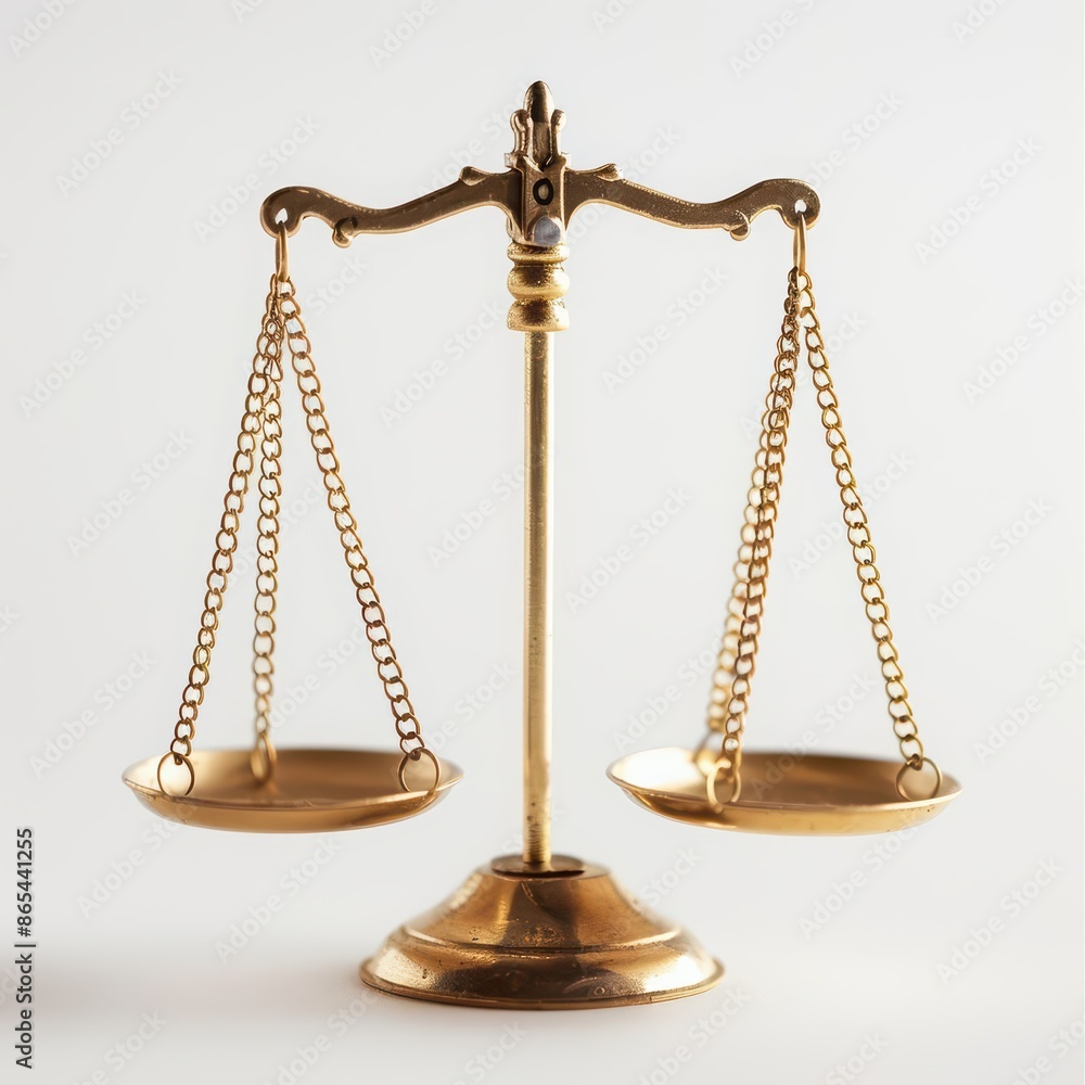 A pair of golden scales of justice, perfectly balanced, set against a clean white backdrop A pair of golden scales of justice, perfectly balanced, set against a clean white backdrop
