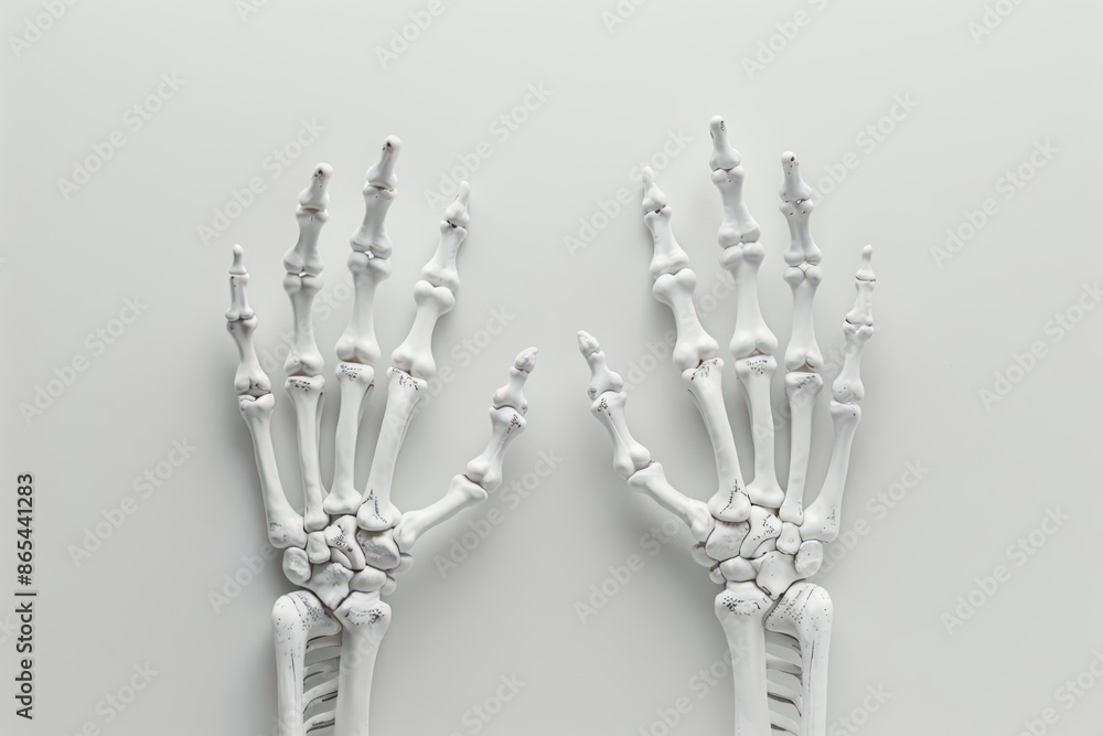 A pair of skeleton hands reaching upwards, isolated on a pristine white background A pair of skeleton hands reaching upwards, isolated on a pristine white background