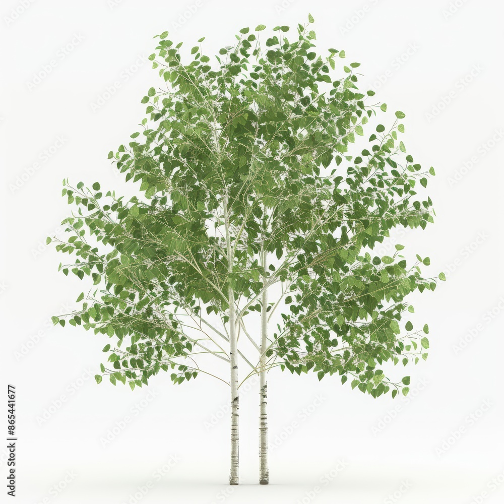 Naklejka premium A poplar tree with its tall, straight trunk and fluttering leaves, set against a clean white backdrop