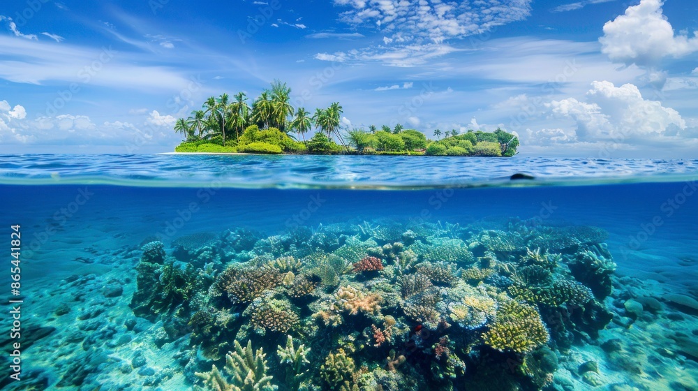 beautiful island with forested area seen under the sea with corals beautiful island with forested area seen under the sea with corals