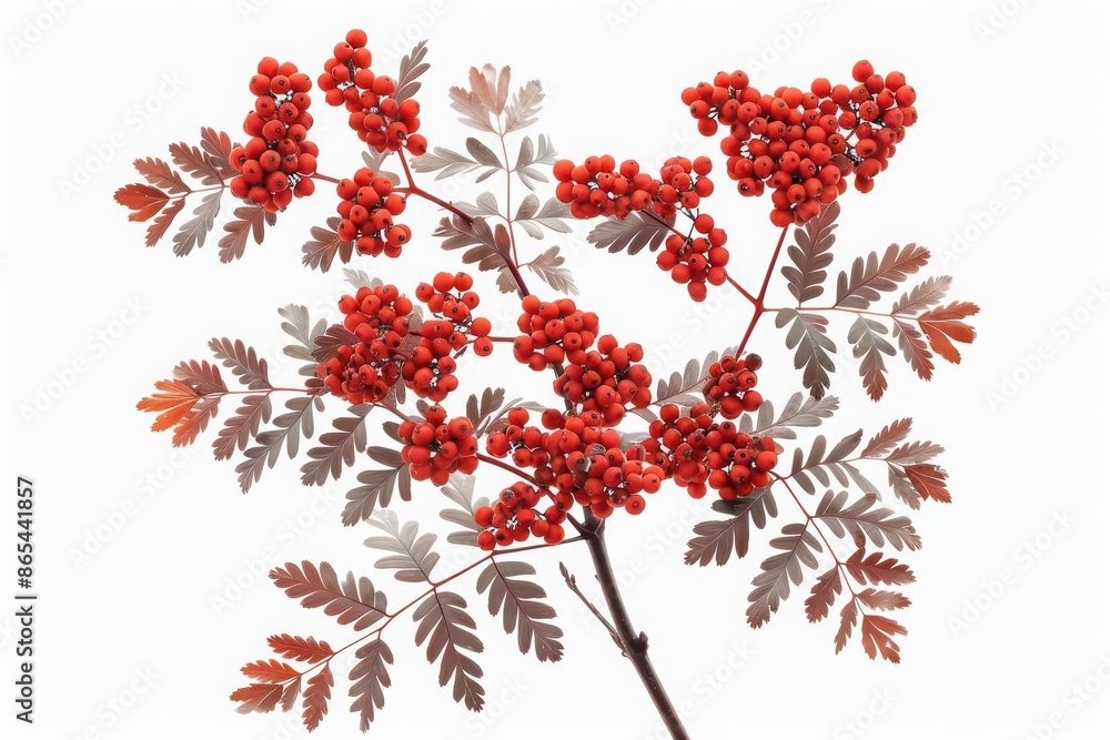 A rowan tree with bright red berries and feathery leaves, isolated on a pristine white background A rowan tree with bright red berries and feathery leaves, isolated on a pristine white background