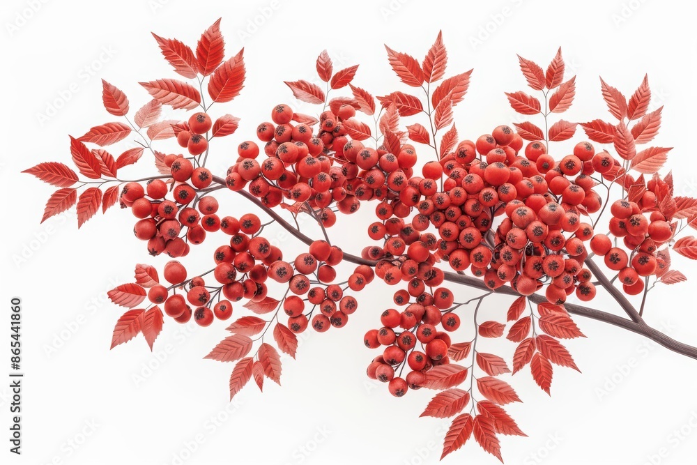 A rowan tree with bright red berries and feathery leaves, isolated on a pristine white background A rowan tree with bright red berries and feathery leaves, isolated on a pristine white background