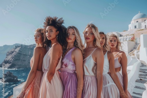 Six Women In Dresses Pose In Front Of A Whitewashed Building In Santorini