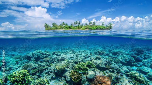 beautiful island with forested area seen under the sea with corals