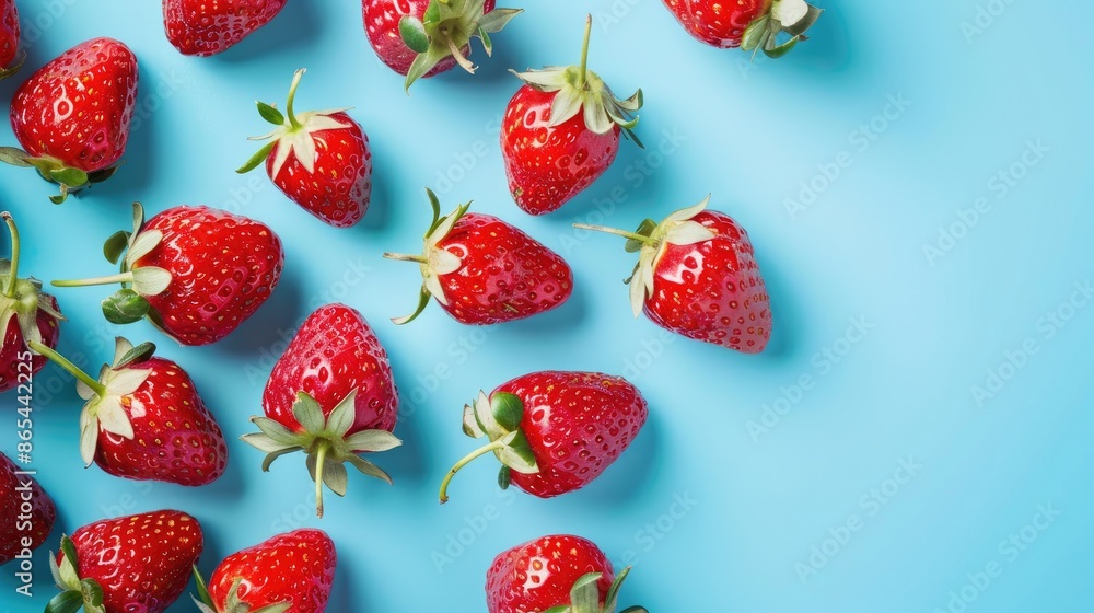 Sweet, plump strawberries presented on a refreshing blue background, hinting at the cool, juicy satisfaction they offer Sweet, plump strawberries presented on a refreshing blue background, hinting at the cool, juicy satisfaction they offer