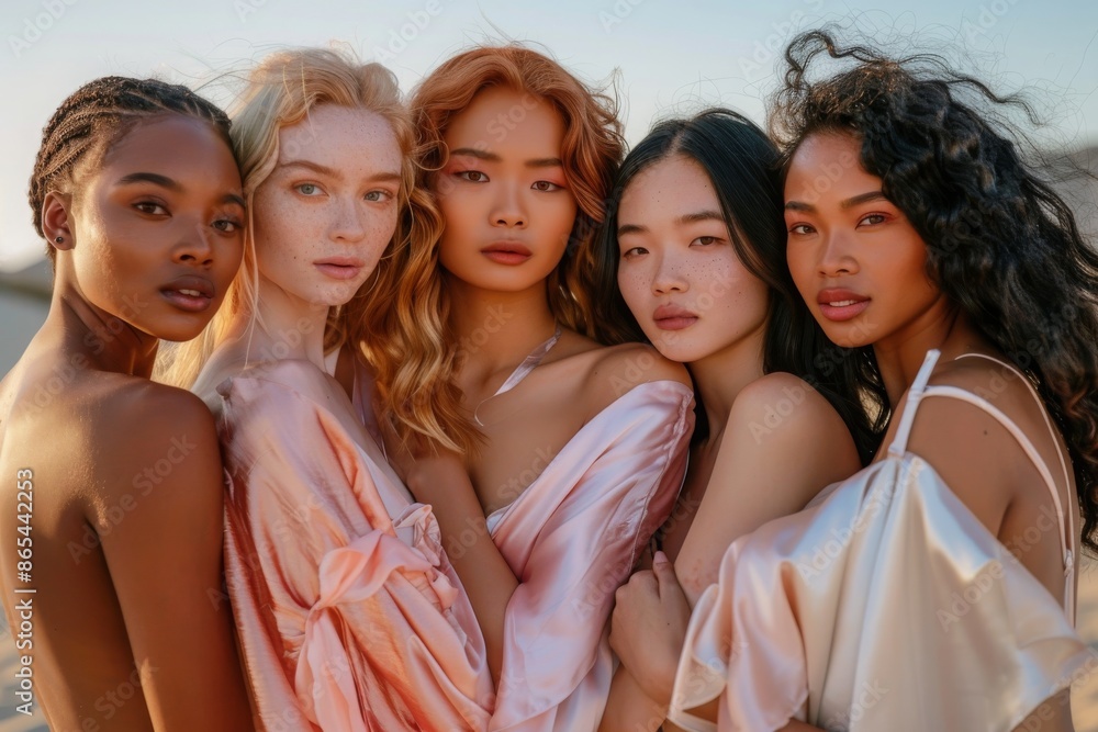 Obraz premium Five Women Posing Together In Pink Satin Dresses On A Sunny Day