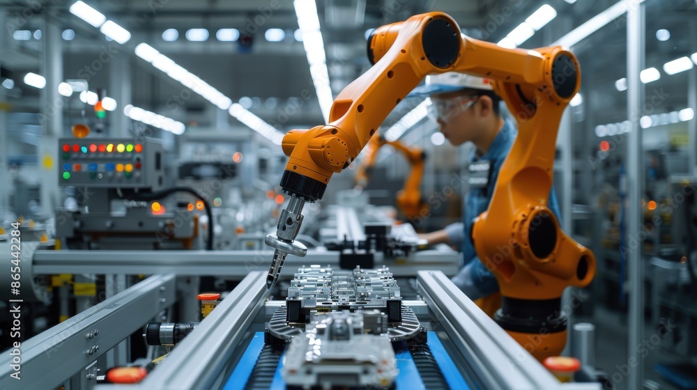 Industrial robot in a factory assembling products. Advanced automation and technology in modern manufacturing, enhancing productivity and precision. Industrial robot in a factory assembling products. Advanced automation and technology in modern manufacturing, enhancing productivity and precision.