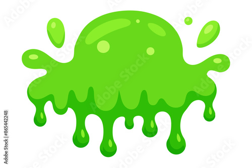 The image shows a green cartoon slime splashing on a white background