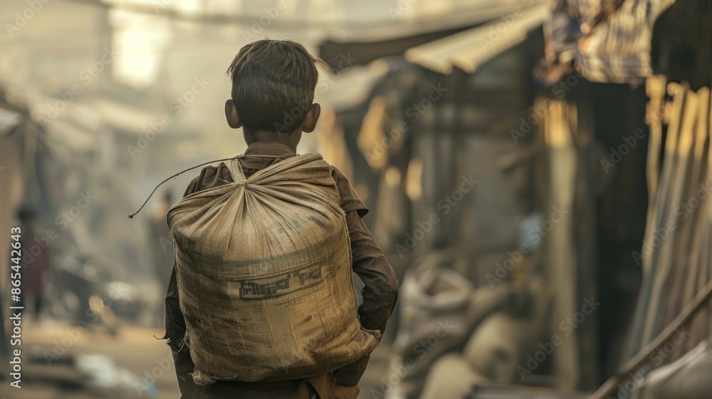 Poor orphan with a bag on his back in the slums Walking with his back to the camera. Around him there are piles of trash. Poor orphan with a bag on his back in the slums Walking with his back to the camera. Around him there are piles of trash.
