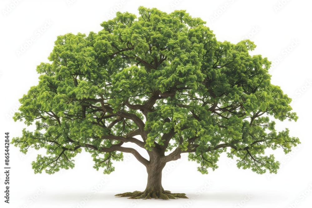 Obraz premium A towering oak tree with sprawling branches and lush green leaves, isolated on a pristine white background
