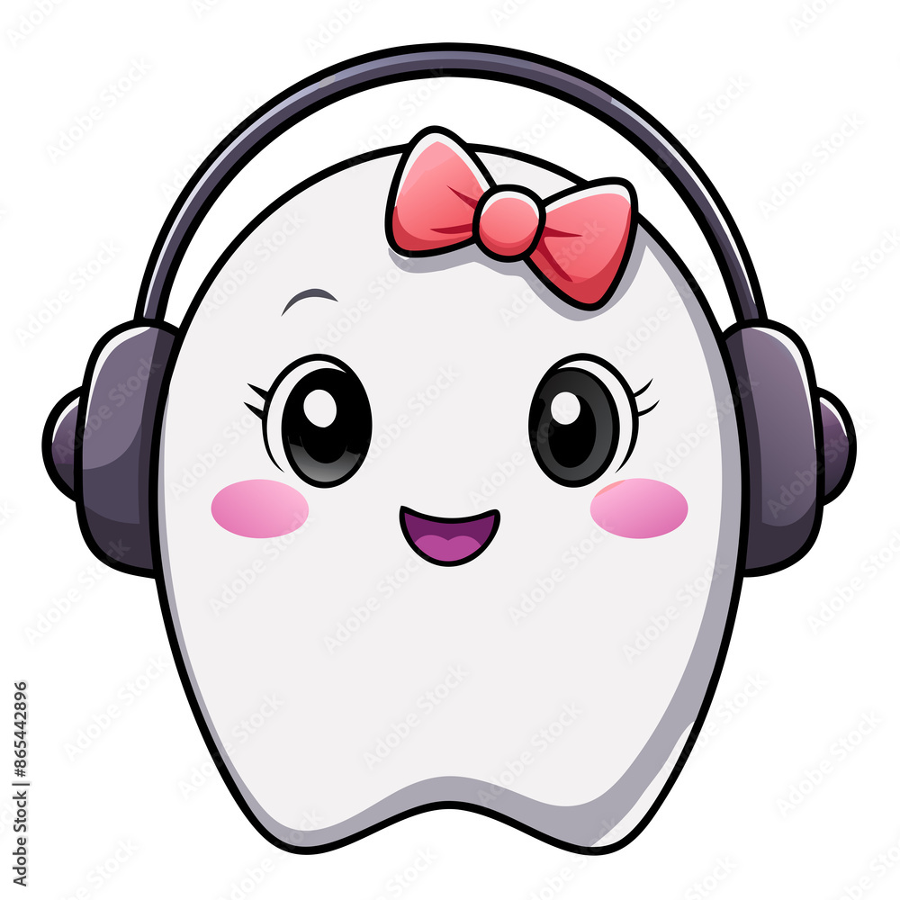 beautiful white kawaii ghost in witch hat with bow in headphones beautiful white kawaii ghost in witch hat with bow in headphones