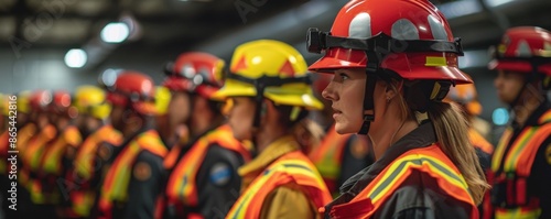 A team of firefighters standing in formation, wearing protective gear and helmets, ready for action in a fire station. photo
