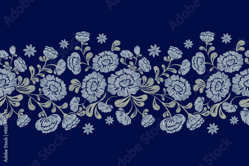 Ethnic Rose Floral pattern seamless paisley embroidery border flower motifs. Vintage Ikat pattern Europe design. Bohemian indigo colour vector illustration design .
