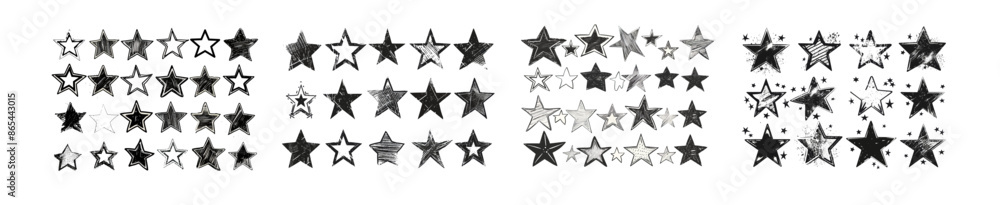 Obraz premium A set of grunge stars isolated on a white background. Hand-drawn stars, starry doodles, and textured favorites icons