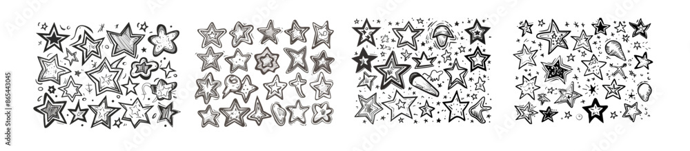 Obraz premium Several types of stars are drawn. A doodle drawing star, starry sketch, and the favorite star icon are isolated within a modern illustration.