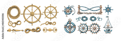 Sea rope frames, nautical rope corner sets, sailing boat or ship steering wheel.