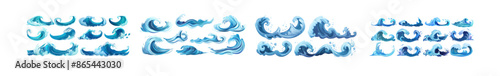 Modern illustration set with seamless ocean waves, decorative surfing waves and water patterns