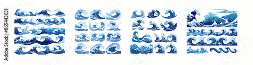 Modern illustration set with seamless ocean waves, decorative surfing waves and water patterns