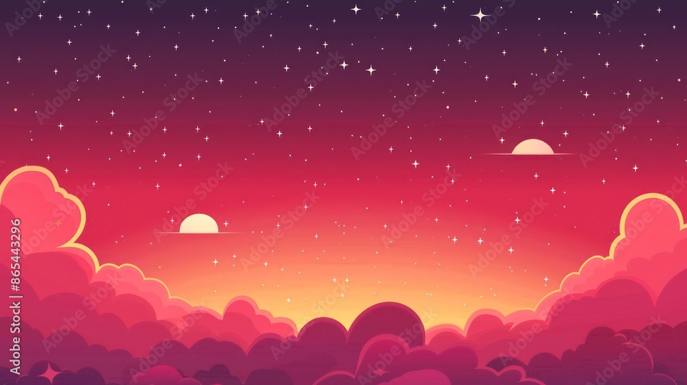 Naklejka premium Vibrant sunset sky with stars and clouds, two moons in the horizon.