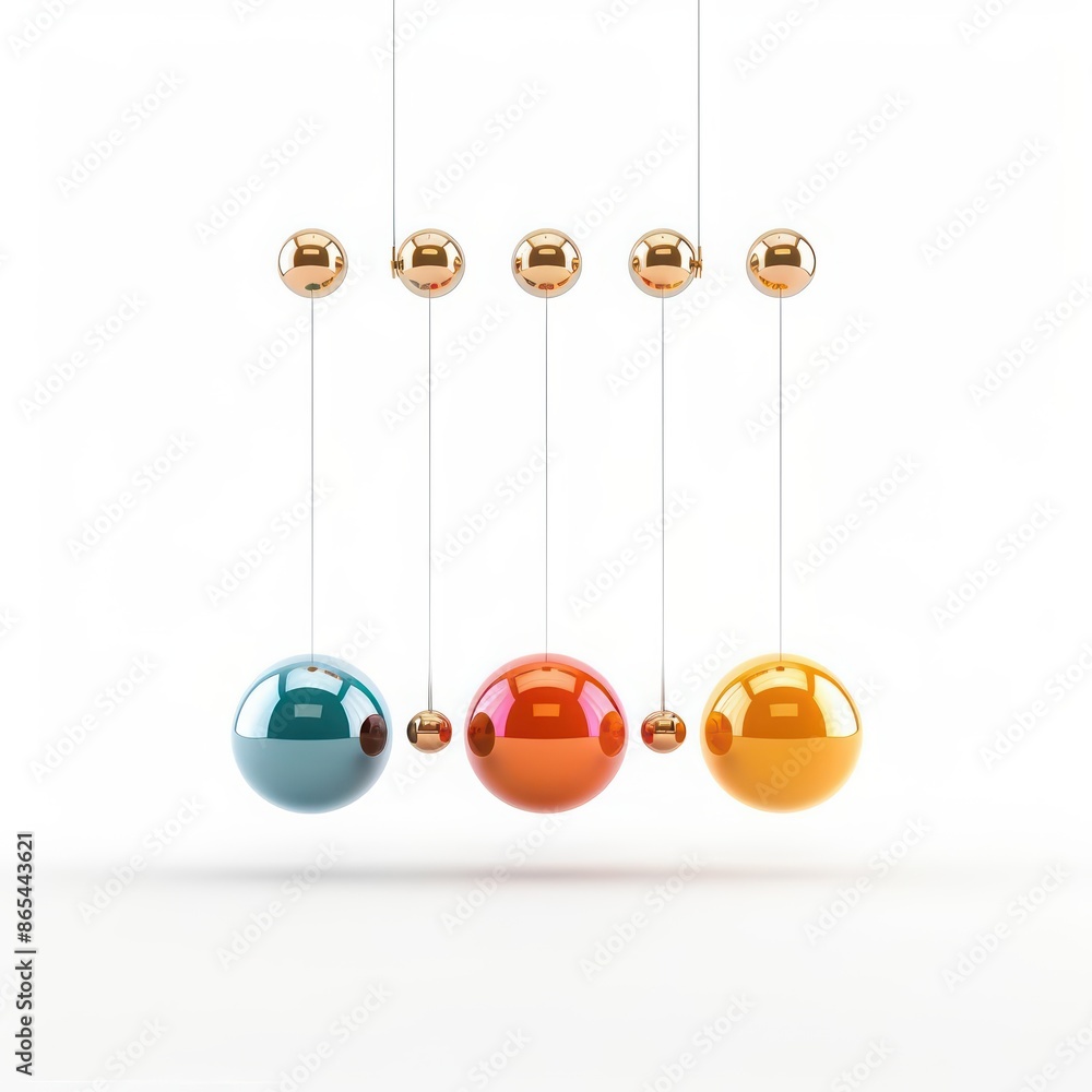 A vibrant illustration of a Newton s cradle demonstrating physics principles, set against a clean white backdrop A vibrant illustration of a Newton s cradle demonstrating physics principles, set against a clean white backdrop