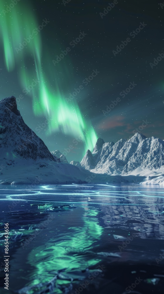 Naklejka premium Serene Mountain Lake with Aurora-Filled Sky