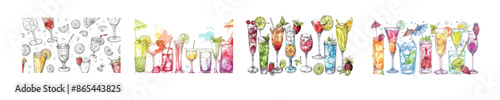 Modern hand drawn cocktail background featuring strawberry beverage, mojito, wine, pina colada for restaurant and cafe menus, flyers, or posters.