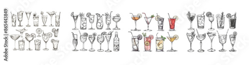 Modern illustration set of cocktails. Sketched alcohol drinks in glasses. Drinks such as cherry cocktail, champagne and pina colada, strawberry mojito, wine for restaurant, cafe, bar menus.