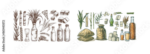 Hand drawn sugar cane. Sketch cane harvest, sugar sacks and cubes, sweet leaves organic plants, vintage rum bottle and label. Suitable for production of alcoholic beverages.