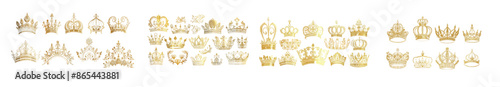 Sketch gold crowns, hand drown royal diadems for queen, princess, winner, or champion. Crowns with various decoration, size and shape printed on white background for logo, ad, and modern design.